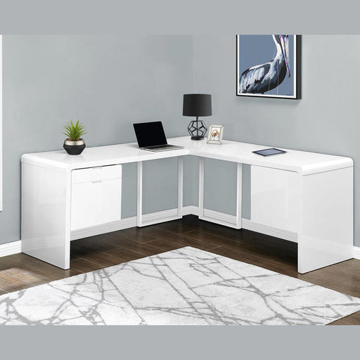 Monarch Specialties I 7582 | Meuble d'ordinateur - 70" - En coin - Conception en L - Configuration réversible - Avec tiroirs - Fini blanc lustré-SONXPLUS Thetford Mines