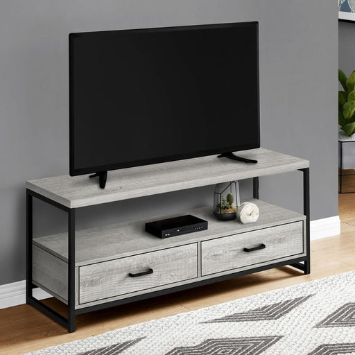 Monarch Specialties I 2871 | Meuble TV - 48" - 2 Tiroirs de rangement - Métal noir - Imitation bois Gris-SONXPLUS Thetford Mines