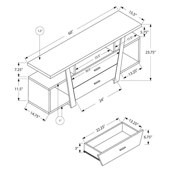 Monarch Specialties I 2721 | Meuble TV - 60" - 2 Tiroirs de rangement - Taupe foncé-SONXPLUS.com