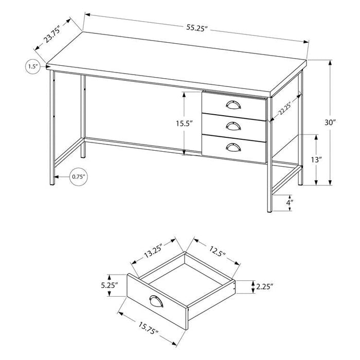 Monarch Specialties I 7485 | Meuble d'ordinateur - 55" - Spacieux dessus - 3 tiroirs - Base en Métal noir - Fini imitation de bois brun-SONXPLUS.com
