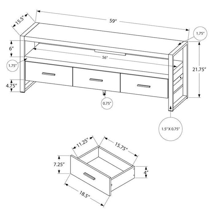Monarch Specialties I 2823 | Meuble TV - 60" - 3 Tiroirs - Imitation Bois - Noir-SONXPLUS.com